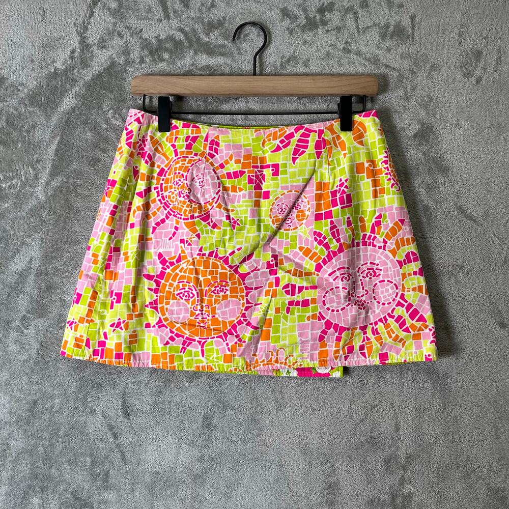Lilly Pulitzer Reversible Mini Skirt Pink Green Floral Mosaic Print ALine Size 2 - Picture 4 of 6